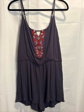 The Impeccable Pig navy Romper with Red Embroidered Accent